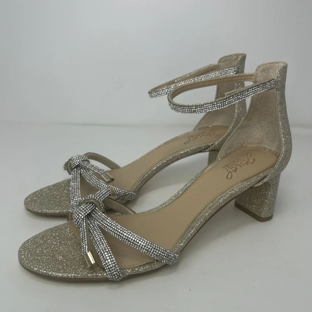 Jewel Badgley Mischka Lena Knotted Mid Heel Sandal Gold‎ Glitter Size 9 NEW
